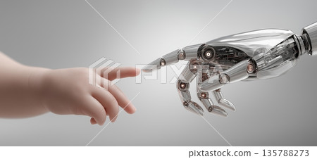 Child hand reaching robotic hand symbolizing human technology trust. Human hand nearly touching robotic hand, representing connection, future, and artificial intelligence Child hand reaching robotic hand symbolizing human technology trust. Human hand nearly touching robotic hand, representing connection, future, and artificial intelligence 135788273