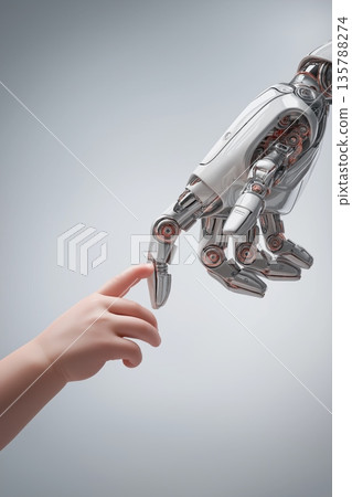 Child hand reaching robotic hand symbolizing human technology trust. Human hand nearly touching robotic hand, representing connection, future, and artificial intelligence Child hand reaching robotic hand symbolizing human technology trust. Human hand nearly touching robotic hand, representing connection, future, and artificial intelligence 135788274