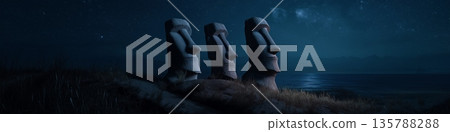 Moai statues on Easter Island watching rising moonlight. Ancient Moai statues standing by the ocean under a night sky with bright moonlight 135788288