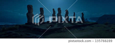 Moai statues on Easter Island watching rising moonlight. Ancient Moai statues standing by the ocean under a night sky with bright moonlight Moai statues on Easter Island watching rising moonlight. Ancient Moai statues standing by the ocean under a night sky with bright moonlight 135788289