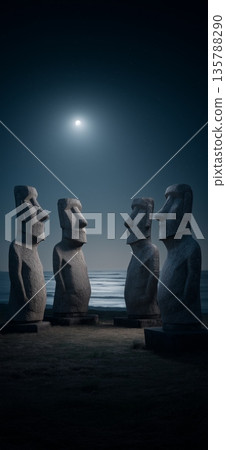 Moai statues on Easter Island watching rising moonlight. Ancient Moai statues standing by the ocean under a night sky with bright moonlight Moai statues on Easter Island watching rising moonlight. Ancient Moai statues standing by the ocean under a night sky with bright moonlight 135788290