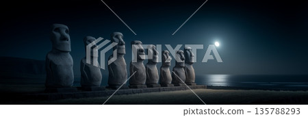 Moai statues on Easter Island watching rising moonlight. Ancient Moai statues standing by the ocean under a night sky with bright moonlight 135788293