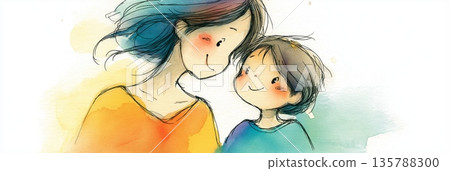 Mother and child smiling showing love and connection. Watercolor illustration depicting a mother embracing her happy child with warmth and care 135788300