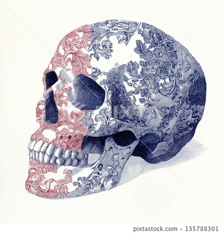 Ornate skull illustration with intricate blue and red floral patterns. Decorative human skull showing detailed blue and red scrollwork patterns on an off-white background 135788301