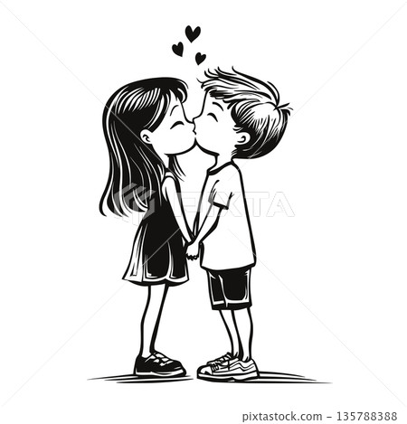 Boy and girl kissing, black silhouette Boy and girl kissing, black silhouette 135788388