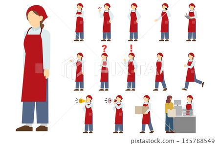 Flat illustration: Supermarket clerk set wearing a red apron Flat illustration: Supermarket clerk set wearing a red apron 135788549