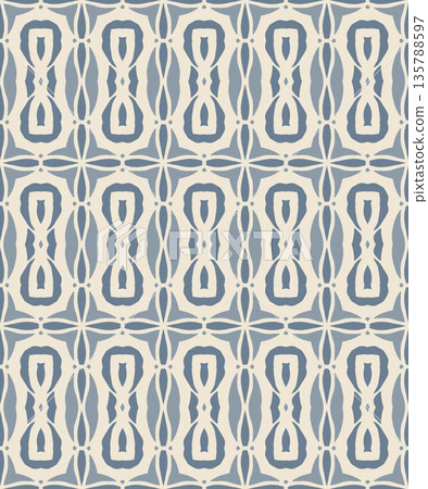 Blue and Off-White Ikat Damask Seamless Pattern Illustration with Abstract Leaf Motifs 135788597