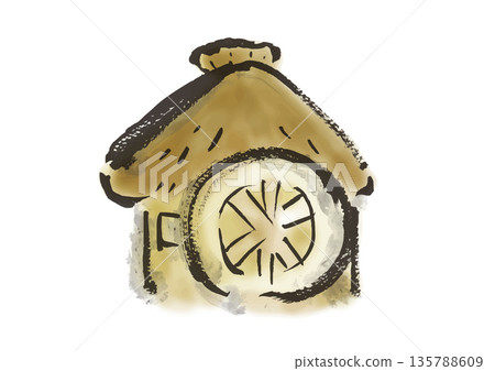 Japanese style illustration of a watermill in the style of a Japanese folktale, written in brush strokes Japanese style illustration of a watermill in the style of a Japanese folktale, written in brush strokes 135788609