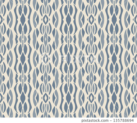 Blue and Off-White Ikat Damask Seamless Pattern Illustration with Abstract Leaf Motifs Blue and Off-White Ikat Damask Seamless Pattern Illustration with Abstract Leaf Motifs 135788694