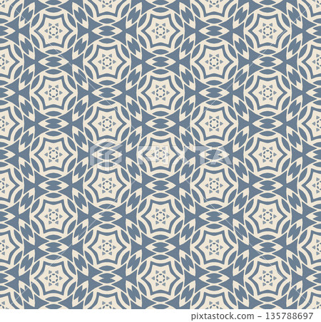 Blue and Off-White Ikat Damask Seamless Pattern Illustration with Abstract Leaf Motifs 135788697