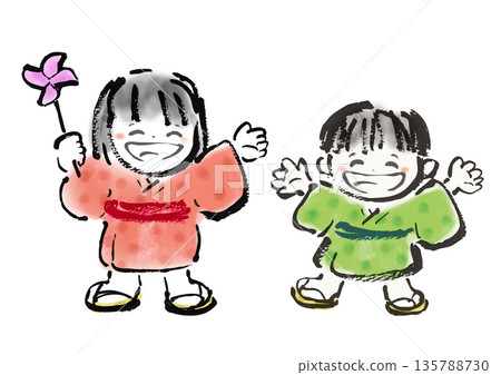 一幅毛筆畫風格的插圖,描繪了一個穿著和服、面帶微笑的孩子,風格類似於日本民間故事。 一幅毛筆畫風格的插圖,描繪了一個穿著和服、面帶微笑的孩子,風格類似於日本民間故事。 135788730
