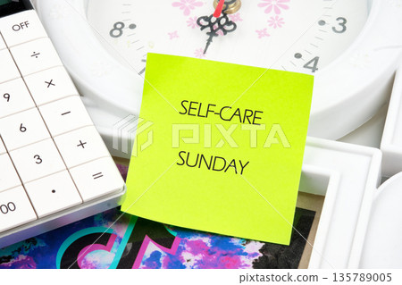 A glowing yellow sticky note bears the words Self-Care Sunday, offering a serene reminder 135789005