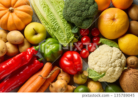 fresh raw vegetables and fruits 135789045