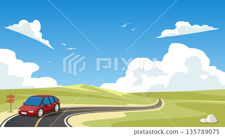 Bright and clean vector illustration of a winding asphalt road. Leading through rolling green hills under a blue sky with fluffy white clouds. Red car is driving along the curve for travel content. 135789075