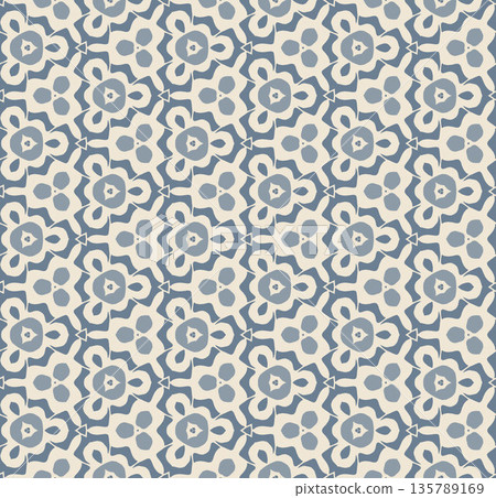 Blue and Off-White Ikat Damask Seamless Pattern Illustration with Abstract Leaf Motifs Blue and Off-White Ikat Damask Seamless Pattern Illustration with Abstract Leaf Motifs 135789169