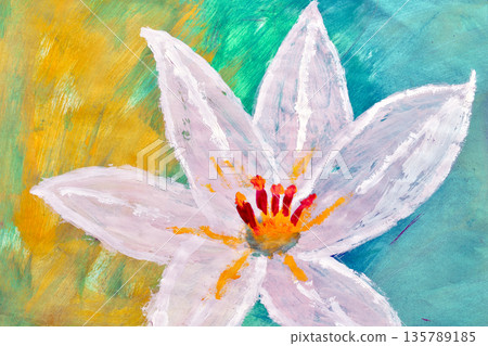 Watercolor painting. White flower on a green background. Watercolor painting. White flower on a green background. 135789185