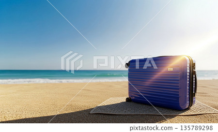 Glossy Blue Hardshell Travel Suitcase Resting on Sunlit Sandy Beach Next to the Ocean 135789298