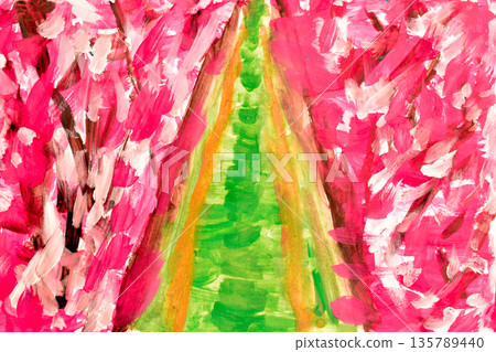 Watercolor painting of a cherry blossom garden and a green path. Watercolor painting of a cherry blossom garden and a green path. 135789440