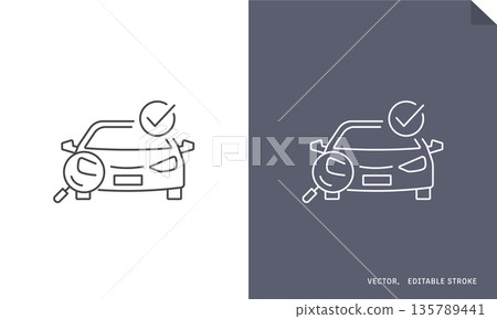 汽車檢驗、汽車保養、銷售評估的向量線圖示。包含汽車、放大鏡和勾號。 汽車檢驗、汽車保養、銷售評估的向量線圖示。包含汽車、放大鏡和勾號。 135789441