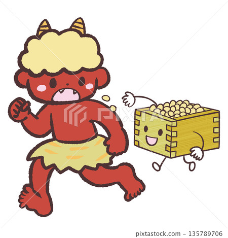 Illustration of a red demon being thrown beans at Setsubun beans 135789706