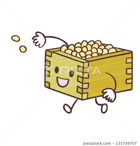 Illustration of beans being scattered from a masu Illustration of beans being scattered from a masu 135789707