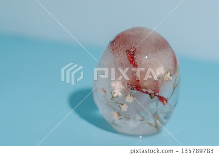 Single clear ice egg with flowers and red petals on blue background, copy space Single clear ice egg with flowers and red petals on blue background, copy space 135789783