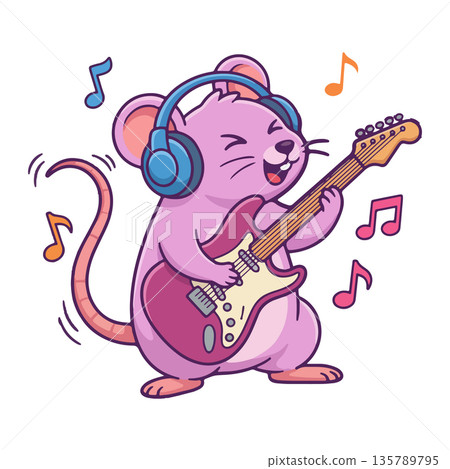 Cartoon Mouse Playing Electric Guitar Cartoon Mouse Playing Electric Guitar 135789795