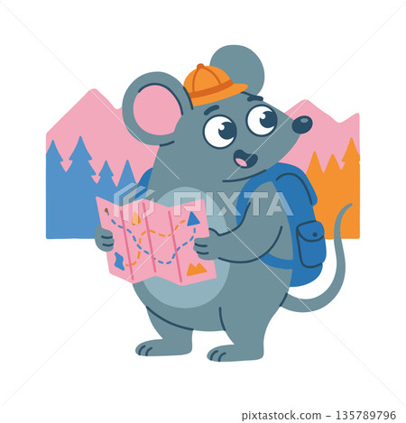 Cartoon Mouse Hiker with Map 135789796