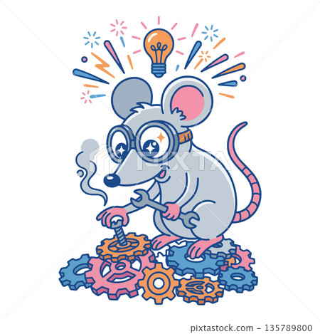 Cartoon Mouse Mechanic with Idea Cartoon Mouse Mechanic with Idea 135789800