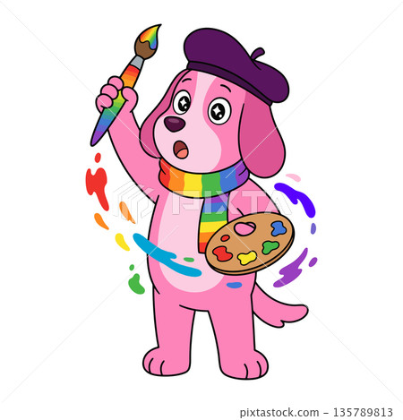 Pink Dog Artist with Rainbow Paint 135789813