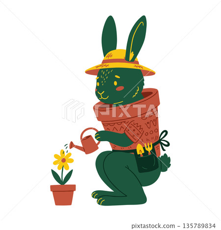 Gardener Rabbit Watering Flower Gardener Rabbit Watering Flower 135789834