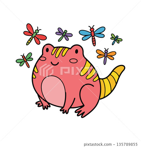 Cartoon Pink Salamander with Dragonflies Cartoon Pink Salamander with Dragonflies 135789855