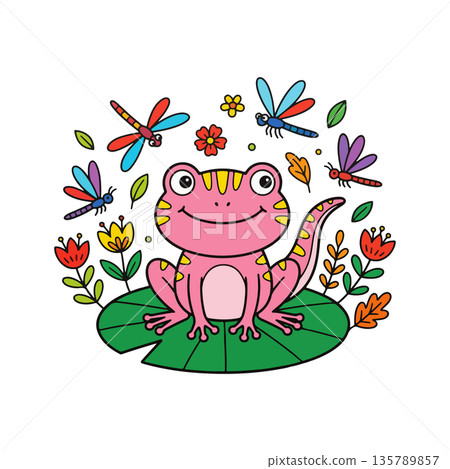 Cartoon Pink Salamander with Dragonflies 135789857