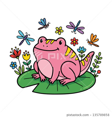 Cartoon Pink Salamander with Dragonflies Cartoon Pink Salamander with Dragonflies 135789858