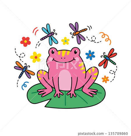 Cartoon Pink Salamander with Dragonflies 135789860