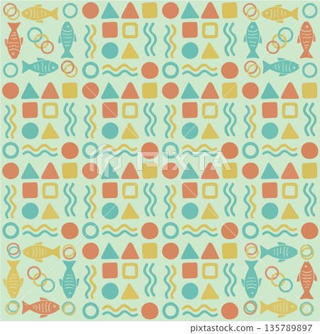 Colorful Geometric and Fish Pattern 135789897