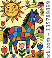 Colorful Patchwork Horse in a Whimsical Landscape 135789899