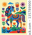 Colorful Patchwork Horse in a Whimsical Landscape 135789900