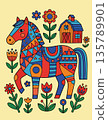 Colorful Patchwork Horse in a Whimsical Landscape 135789901