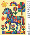 Colorful Patchwork Horse in a Whimsical Landscape 135789902
