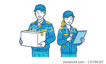 A logistics team illustration of a delivery man carrying luggage and a female staff member inspecting the goods 135790167