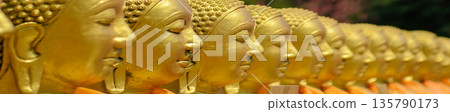 Golden Buddha statues in a row. Calm close-up of the pensive faces of Buddha in daylight. Golden Buddha statues in a row. Calm close-up of the pensive faces of Buddha in daylight. 135790173