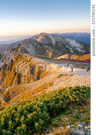 清晨從白馬山眺望白馬槍山和釋迦山（晨曦山）。從白馬山徒步穿越至北阿爾卑斯山脈的雪倉山。 135790192