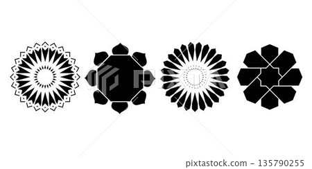 Collection of black and white Islamic geometric ornament icons with symmetrical shapes and clean line style. Suitable for pattern design branding decoration background animation and religious theme 135790255