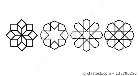 Collection of black and white Islamic geometric ornament icons with symmetrical shapes and clean line style. Suitable for pattern design branding decoration background animation and religious theme Collection of black and white Islamic geometric ornament icons with symmetrical shapes and clean line style. Suitable for pattern design branding decoration background animation and religious theme 135790256