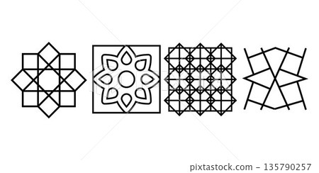 Collection of black and white Islamic geometric ornament icons with symmetrical shapes and clean line style. Suitable for pattern design branding decoration background animation and religious theme 135790257