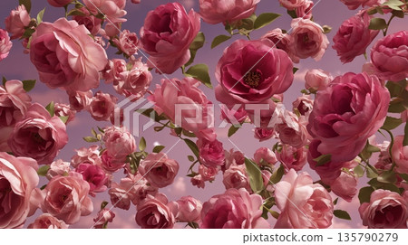Pink rose blossoms and petals falling on soft background. Pink rose blossoms and delicate petals gently floating, creating a beautiful floral pattern 135790279