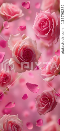 Pink rose blossoms and petals falling on soft background. Pink rose blossoms and delicate petals gently floating, creating a beautiful floral pattern Pink rose blossoms and petals falling on soft background. Pink rose blossoms and delicate petals gently floating, creating a beautiful floral pattern 135790282