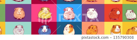 Pop art guinea pig distinct pet portraits grid. Nine cute guinea pigs in a colorful pop art distinct grid pattern 135790308