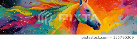 Vibrant abstract horse galloping with colorful movement. Abstract horse painting showcasing energetic movement and a spectrum of vibrant colors 135790309